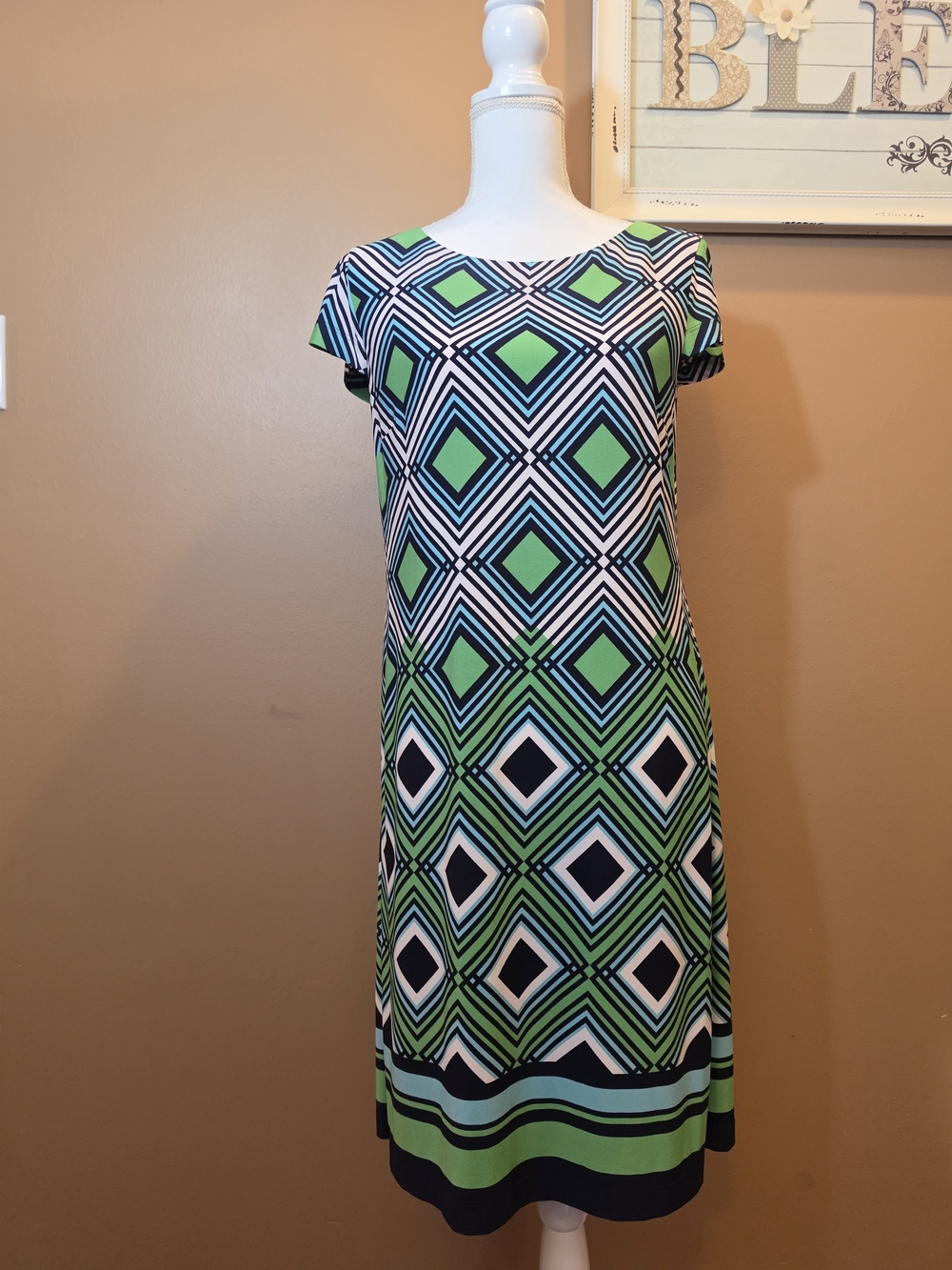 Jessica Howard Green & Navy Geometric Midi Dress